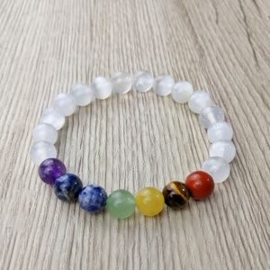7 Chakras 8mm Natural Gemstone Selenite Bead Handmade Stretchy Bracelet